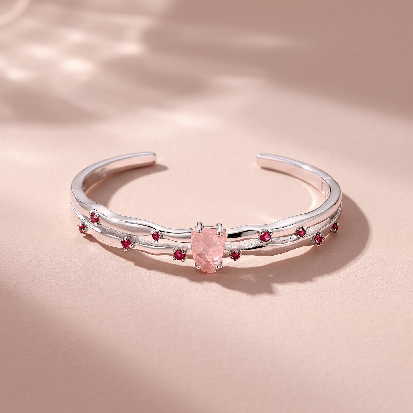 Rose Quartz Cuff - Flow - white rhodium flat lay