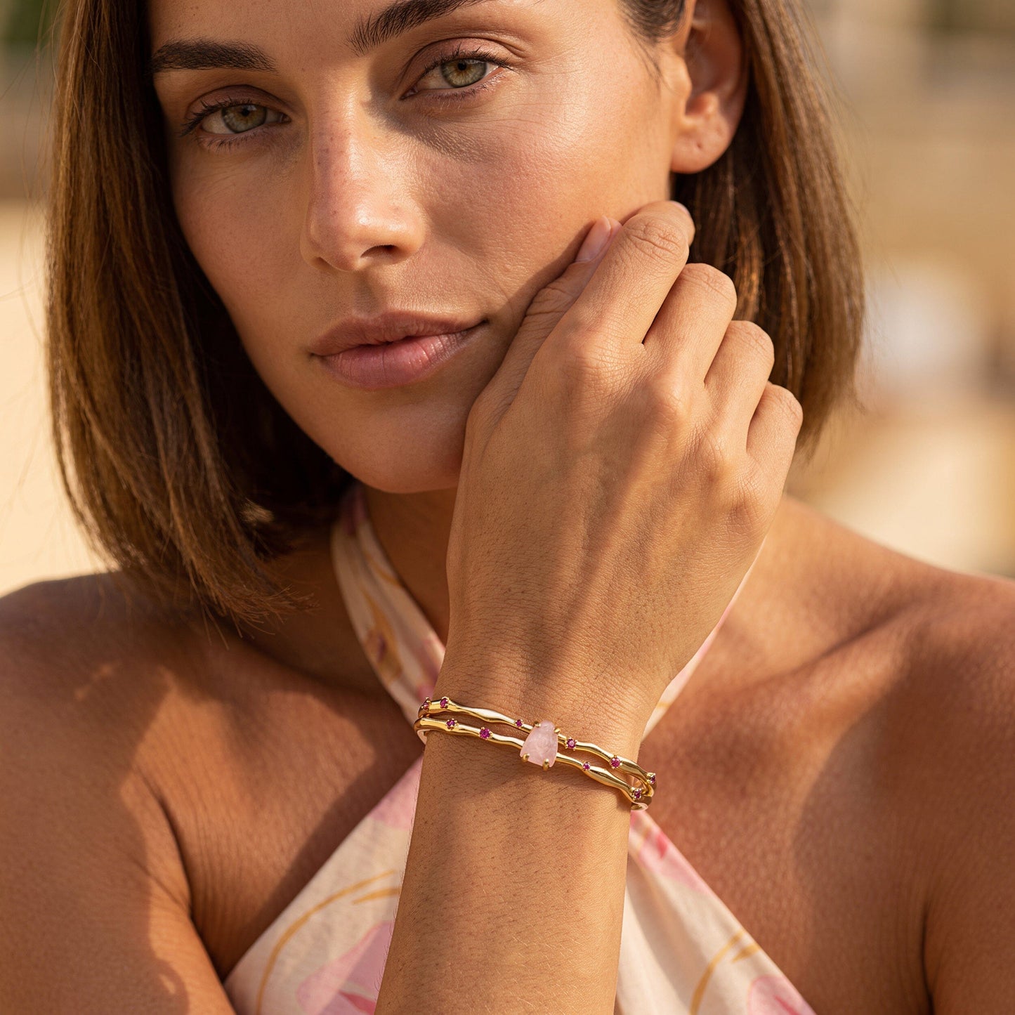 Rose Quartz Cuff - Flow - on model yellow gold