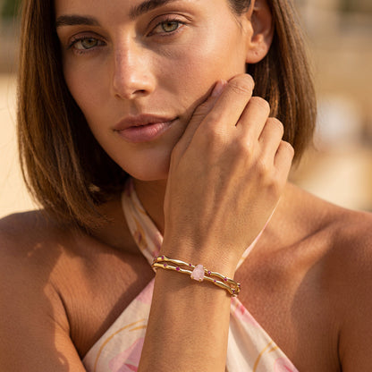 Rose Quartz Cuff - Flow - on model yellow gold