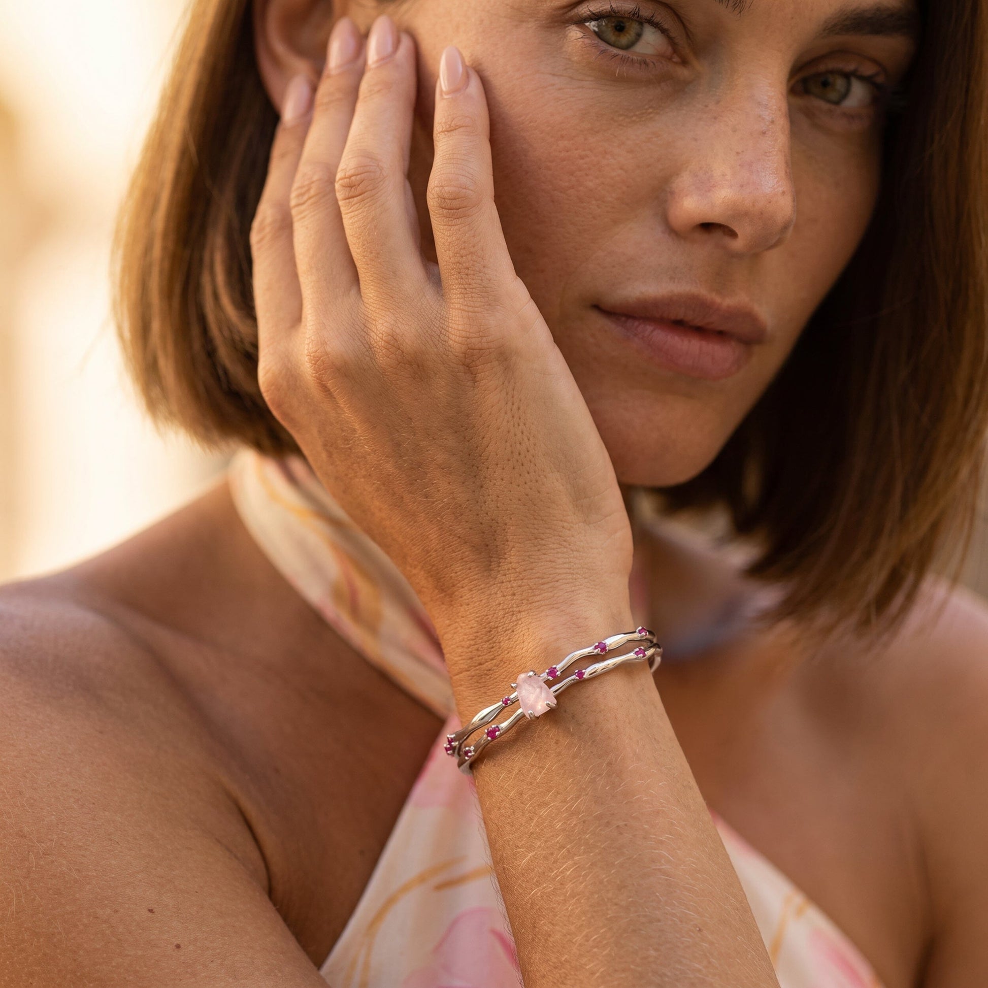 Rose Quartz Cuff - Flow - on model white rhodium