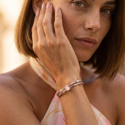 Rose Quartz Cuff - Flow - on model white rhodium
