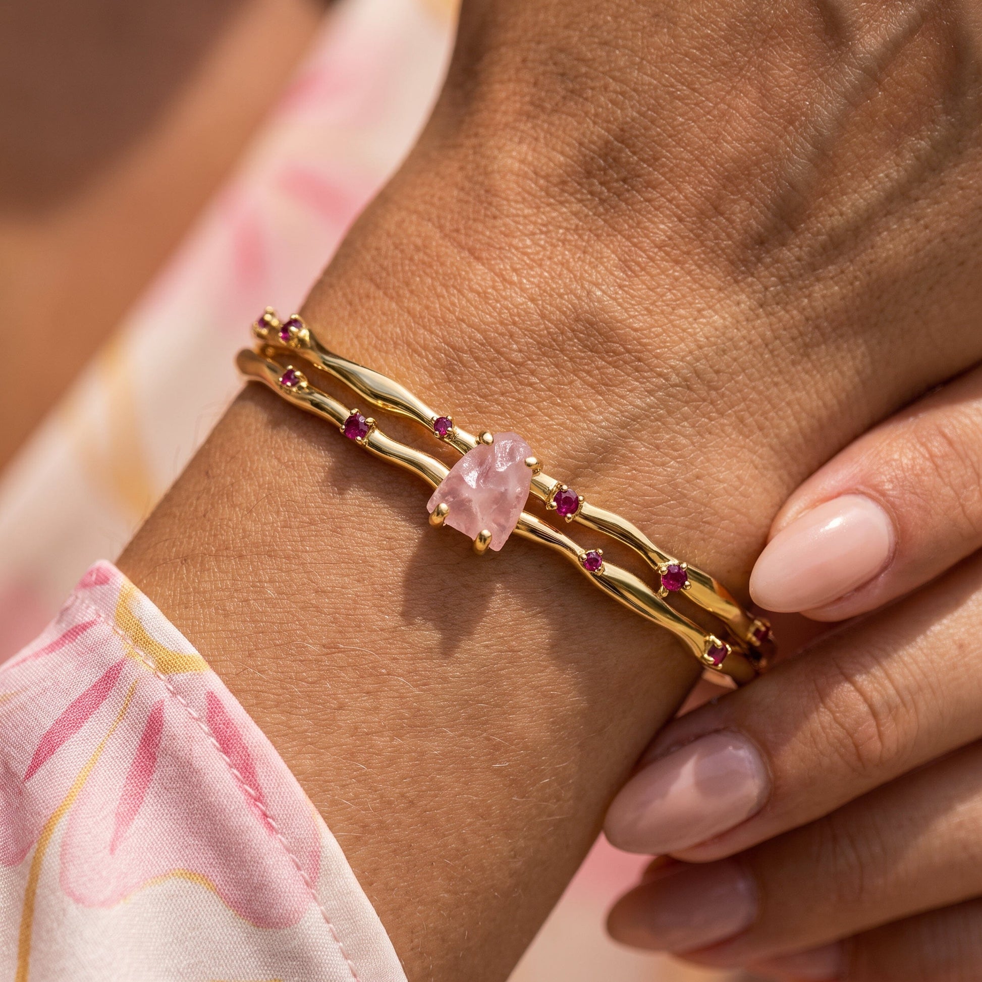 Rose Quartz Cuff - Flow - on wrist yellow gold