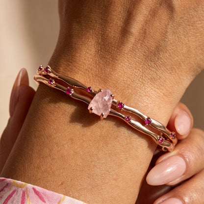 Rose Quartz Cuff - Flow - on wrist rose gold