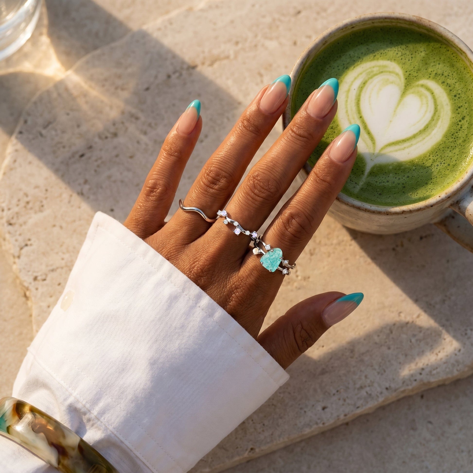 Amazonite Flow & Stardust & Waves Rings - macro 2 SIL