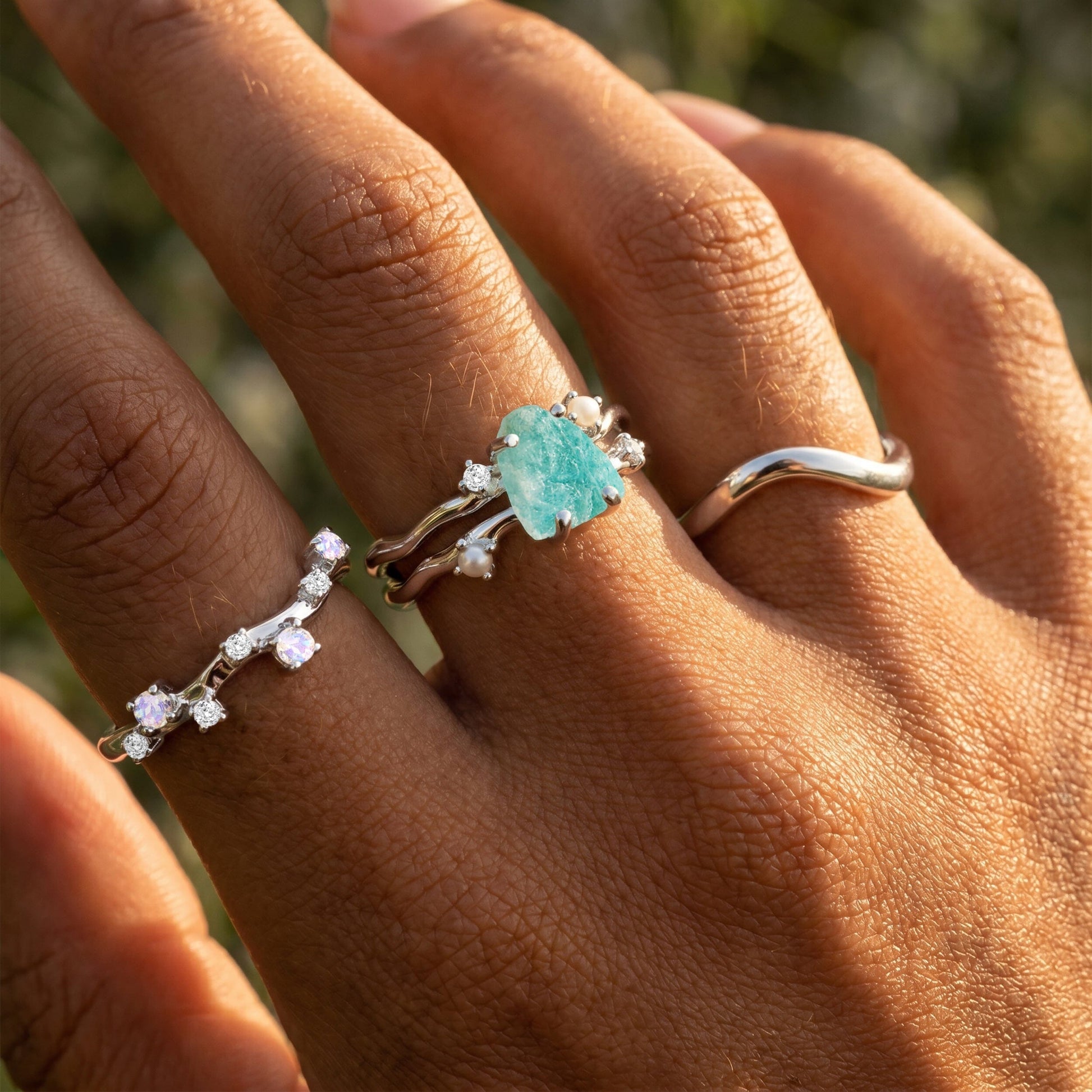 Amazonite Flow & Stardust & Waves Rings - on hand SIL