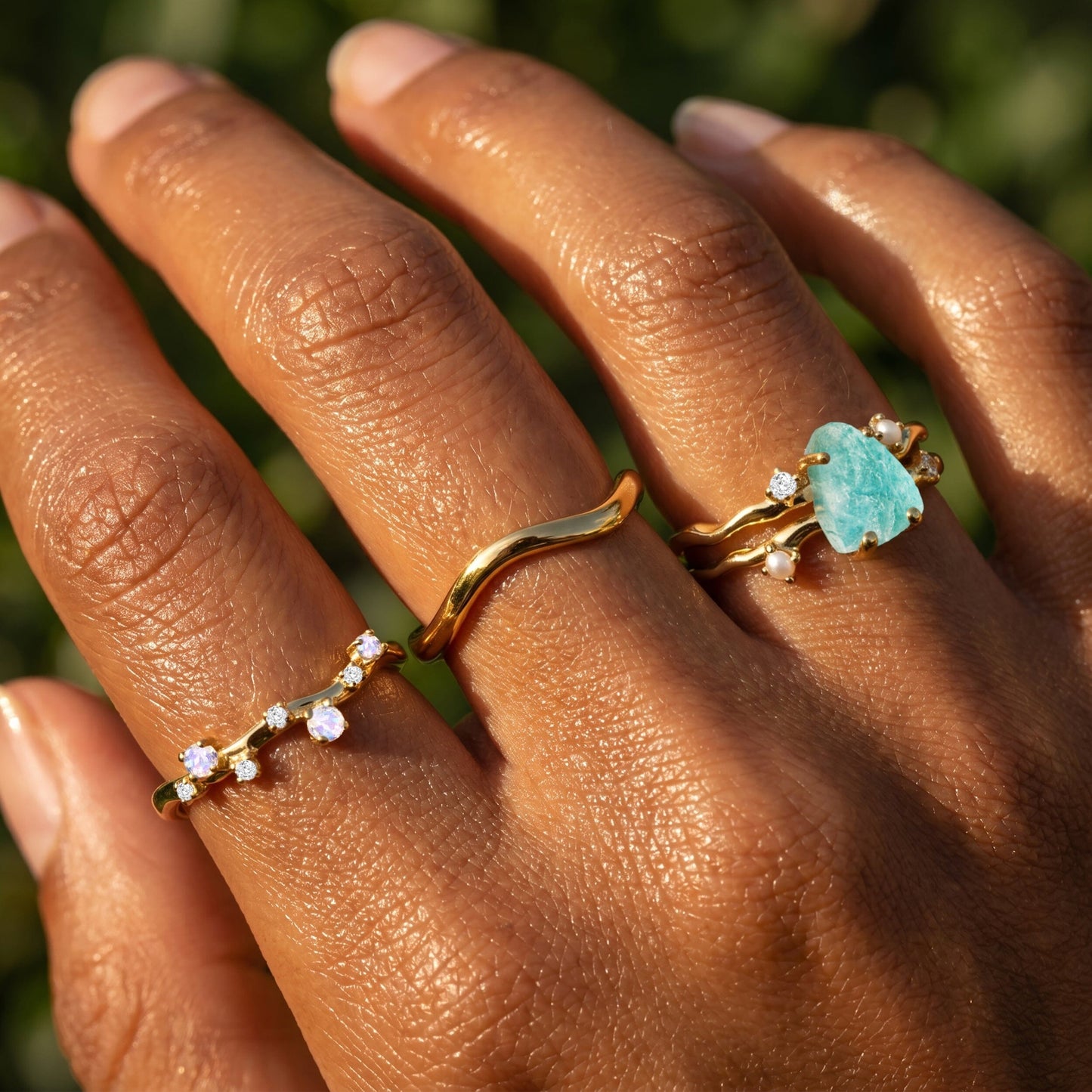 Amazonite Flow & Stardust & Waves Rings - on hand YG