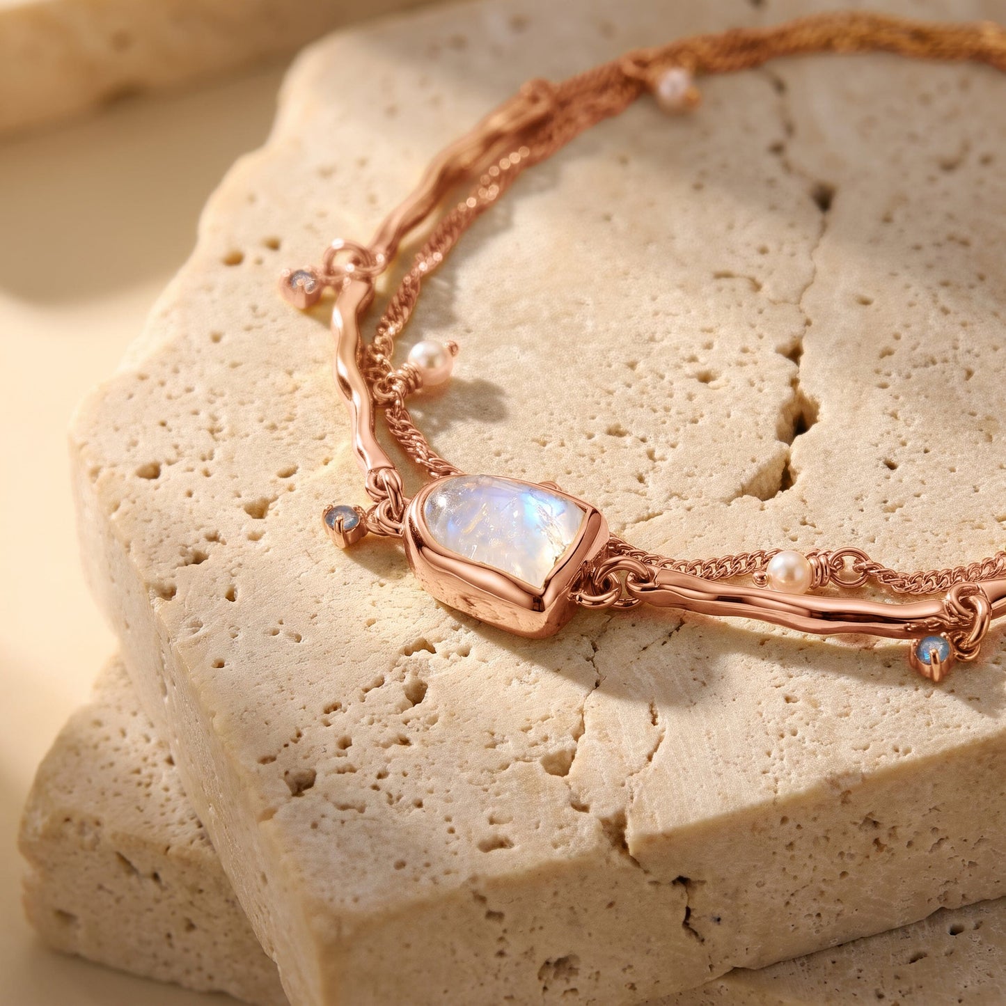 Moonstone Pearl Bracelet - Heirloom - rose gold vermeil flatlay