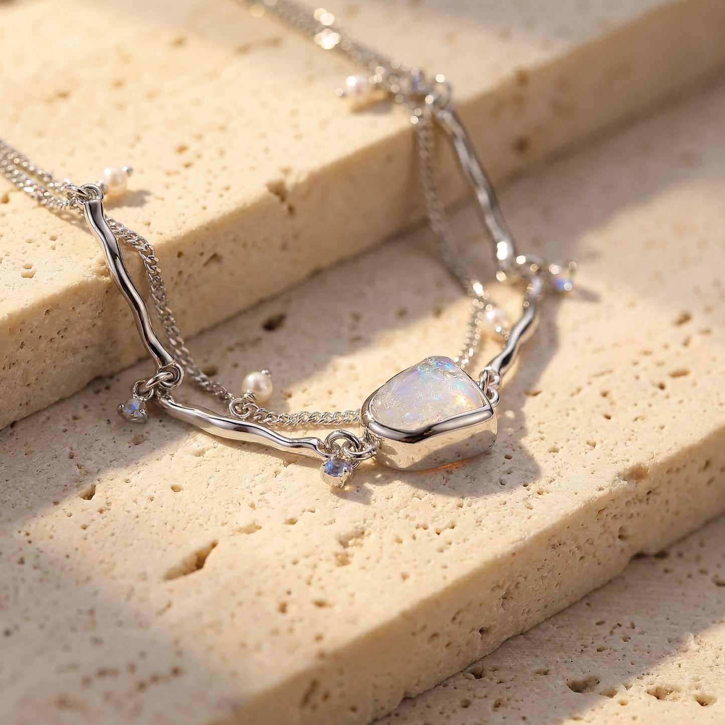 Moonstone Pearl Bracelet - Heirloom - sterling silver flatlay