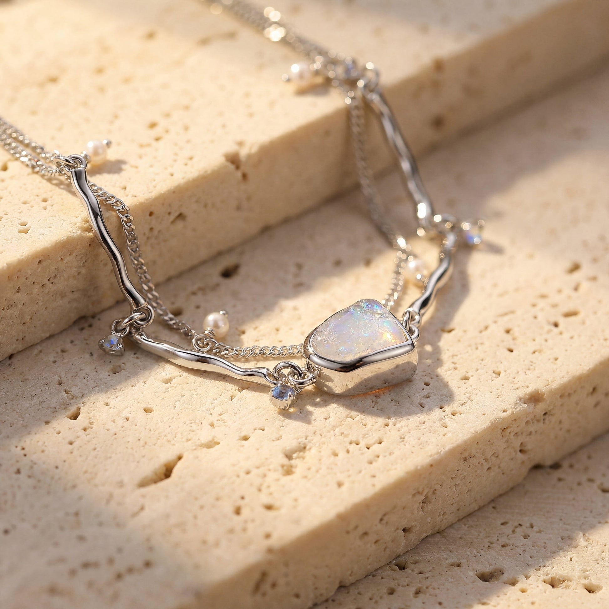 Moonstone Pearl Bracelet - Heirloom - sterling silver flatlay