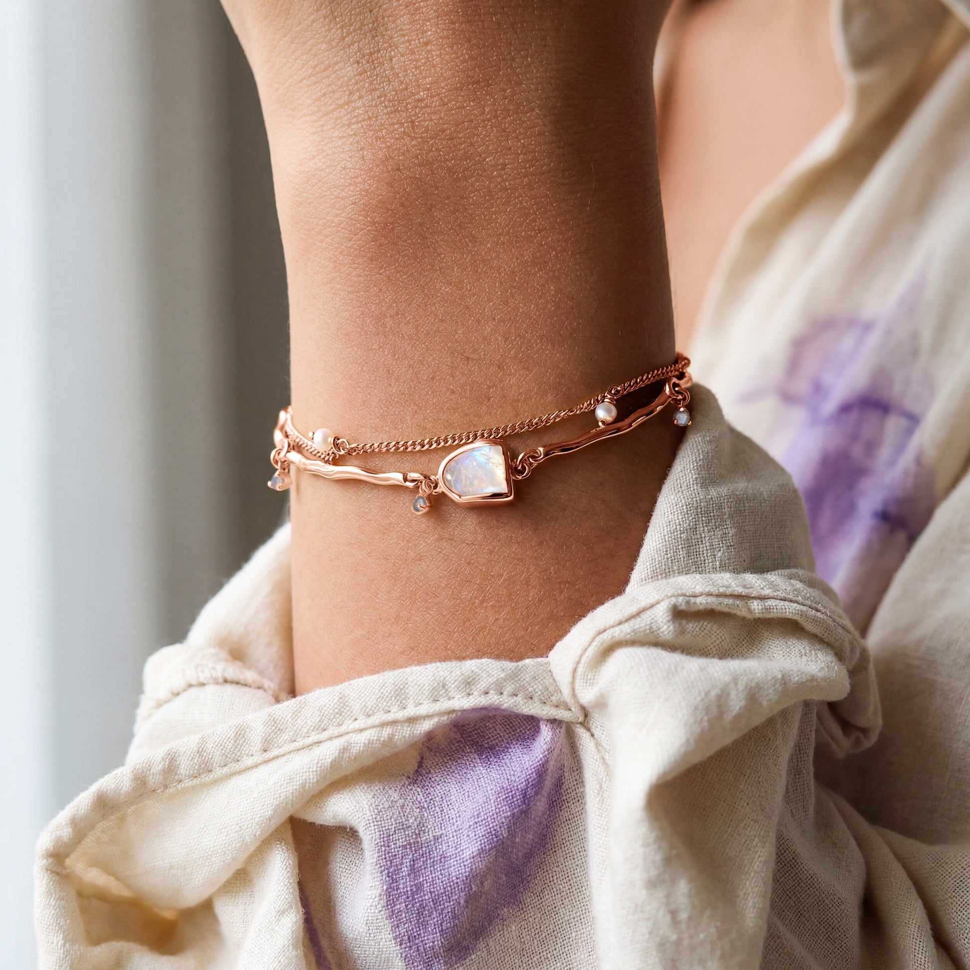 Moonstone Pearl Bracelet - Heirloom - rose gold vermeil on wrist