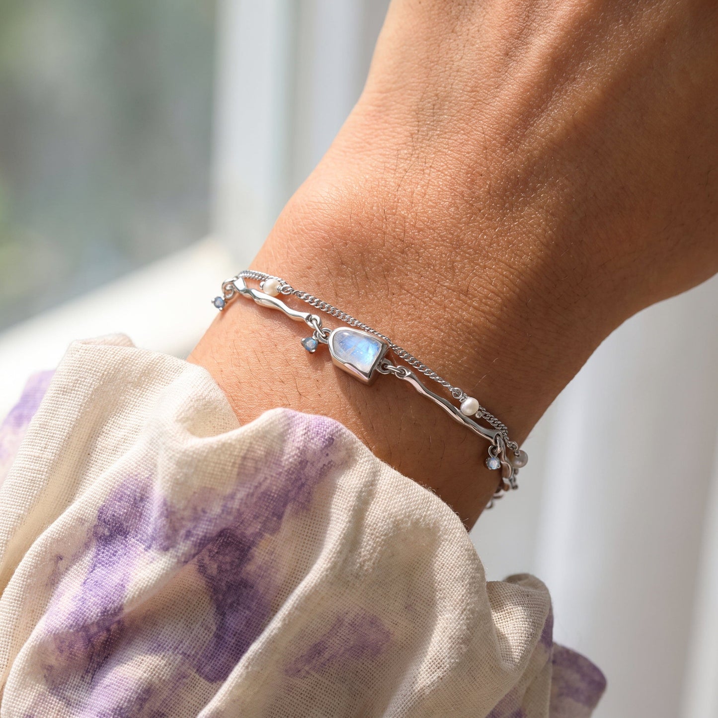 Moonstone Pearl Bracelet - Heirloom - sterling silver on wrist