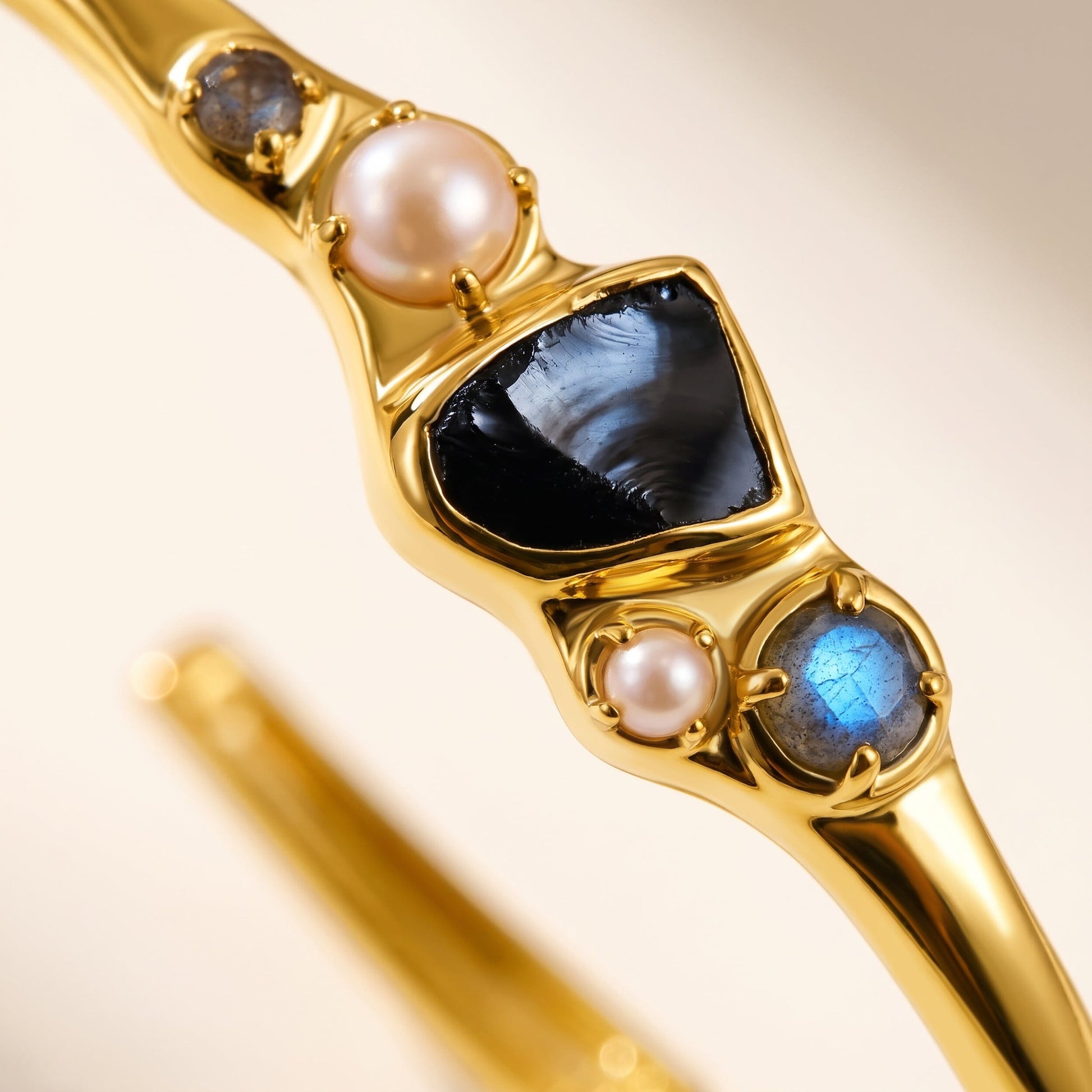 Black Obsidian Pearl Cuff - Heirloom yellow gold lifestyle