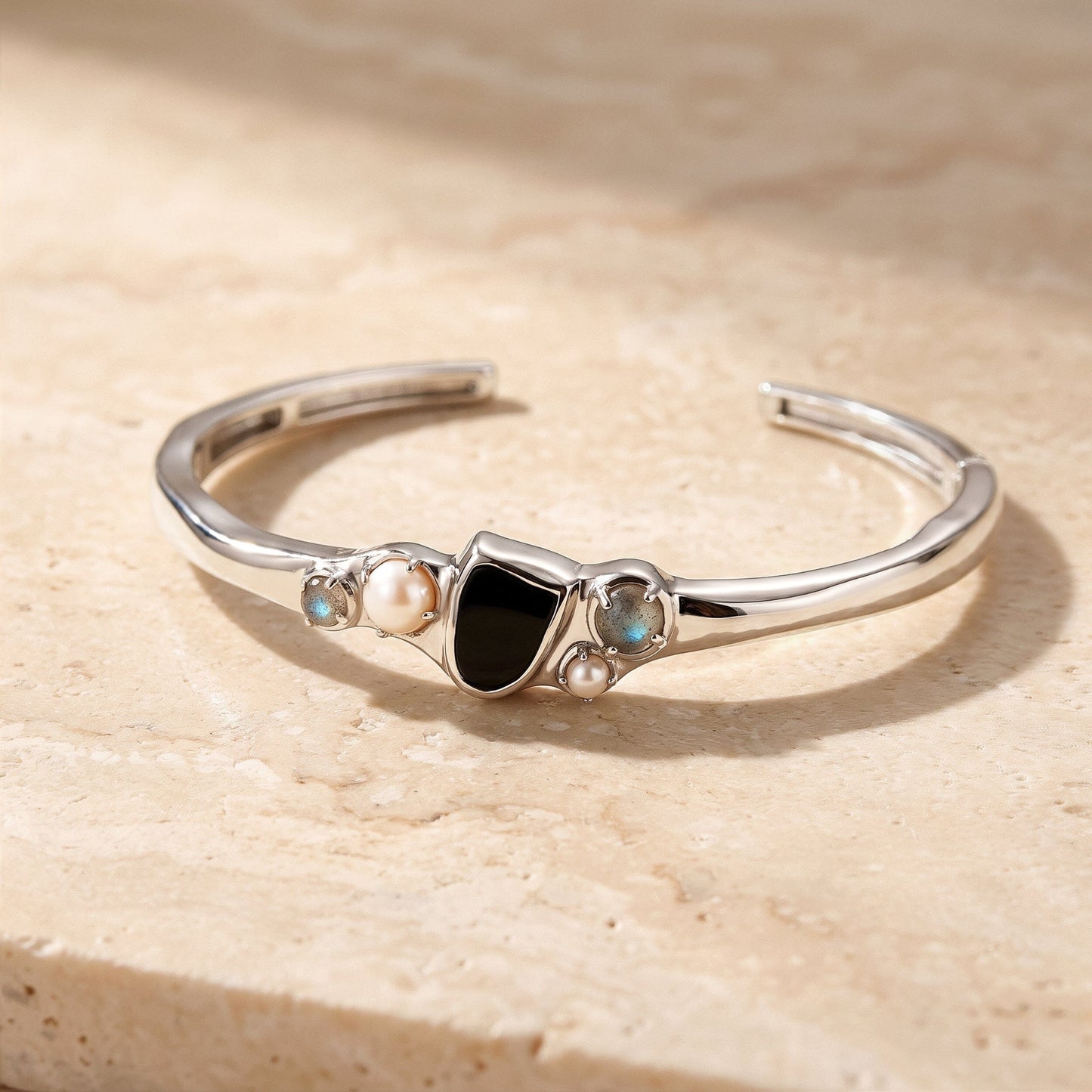 Black Obsidian Pearl Cuff - Heirloom silver worn