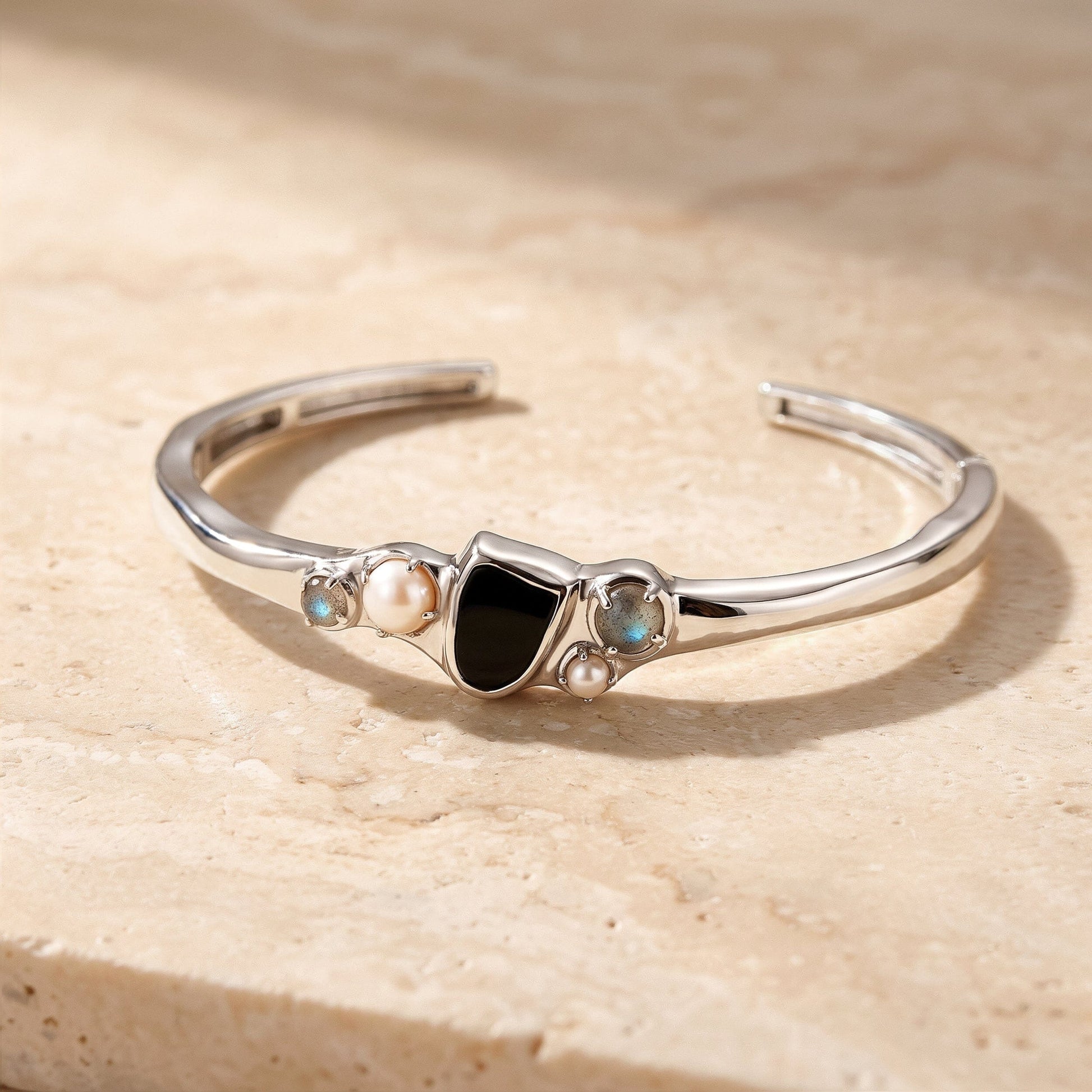 Black Obsidian Pearl Cuff - Heirloom silver worn