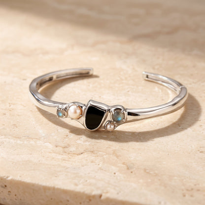 Black Obsidian Pearl Cuff - Heirloom silver worn