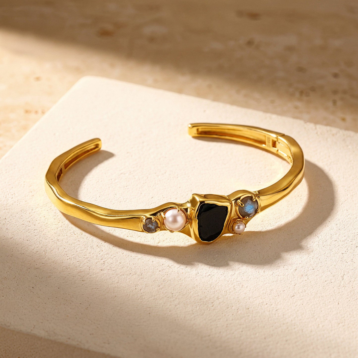 Black Obsidian Pearl Cuff - Heirloom yellow gold worn