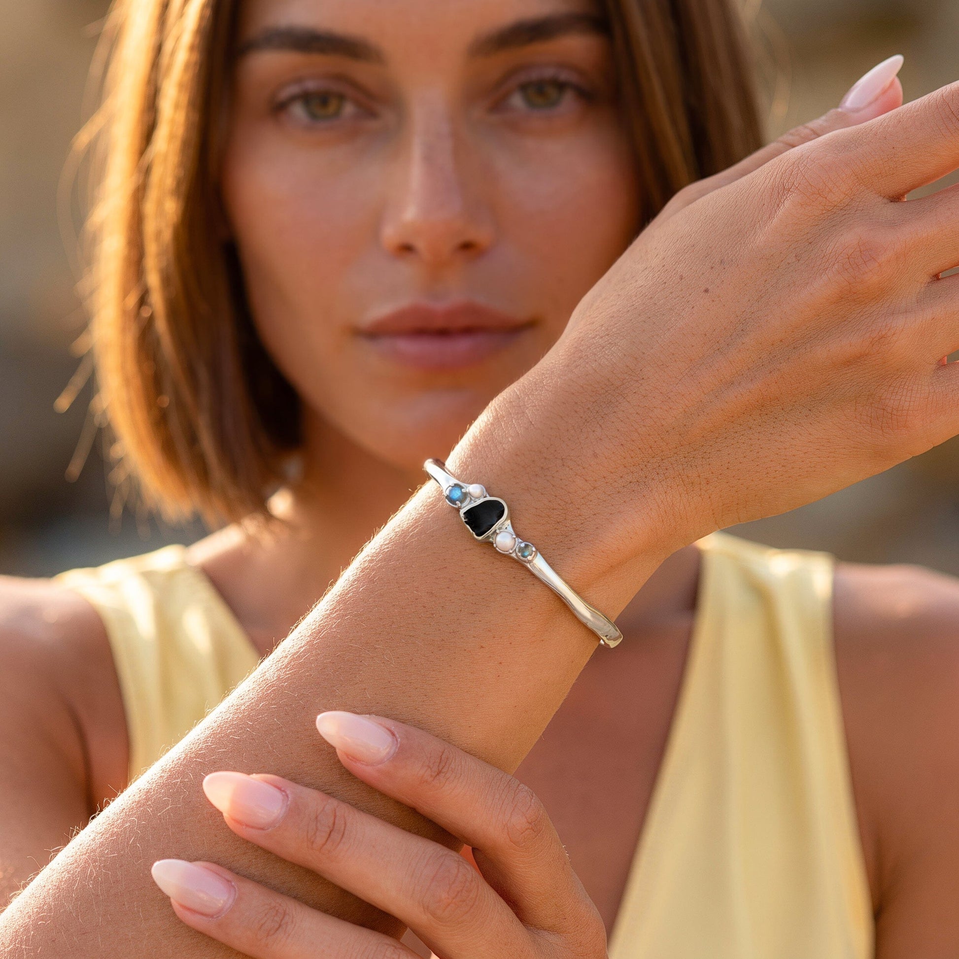 Black Obsidian Pearl Cuff - Heirloom silver flatlay