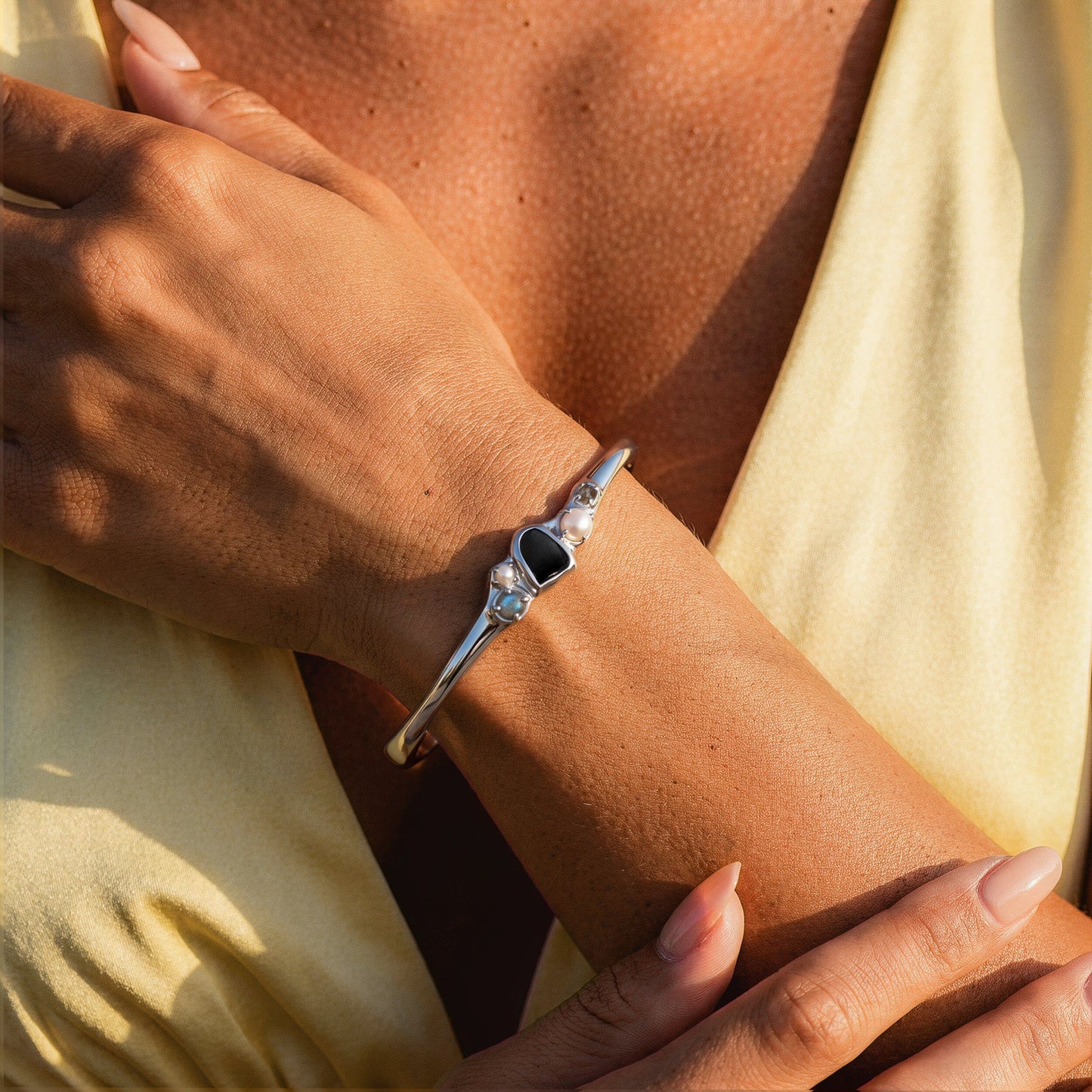 Black Obsidian Pearl Cuff - Heirloom silver detail
