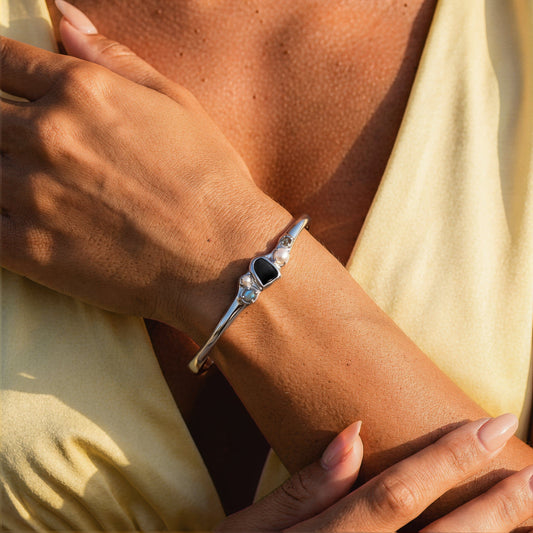 Black Obsidian Pearl Cuff - Heirloom silver detail