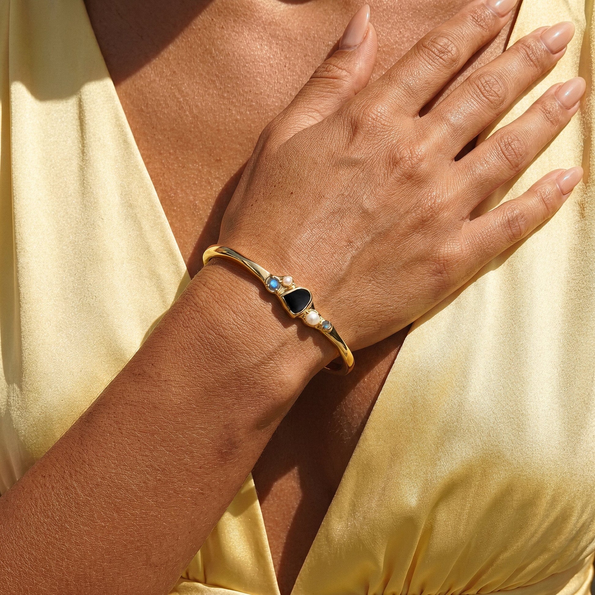 Black Obsidian Pearl Cuff - Heirloom yellow gold detail