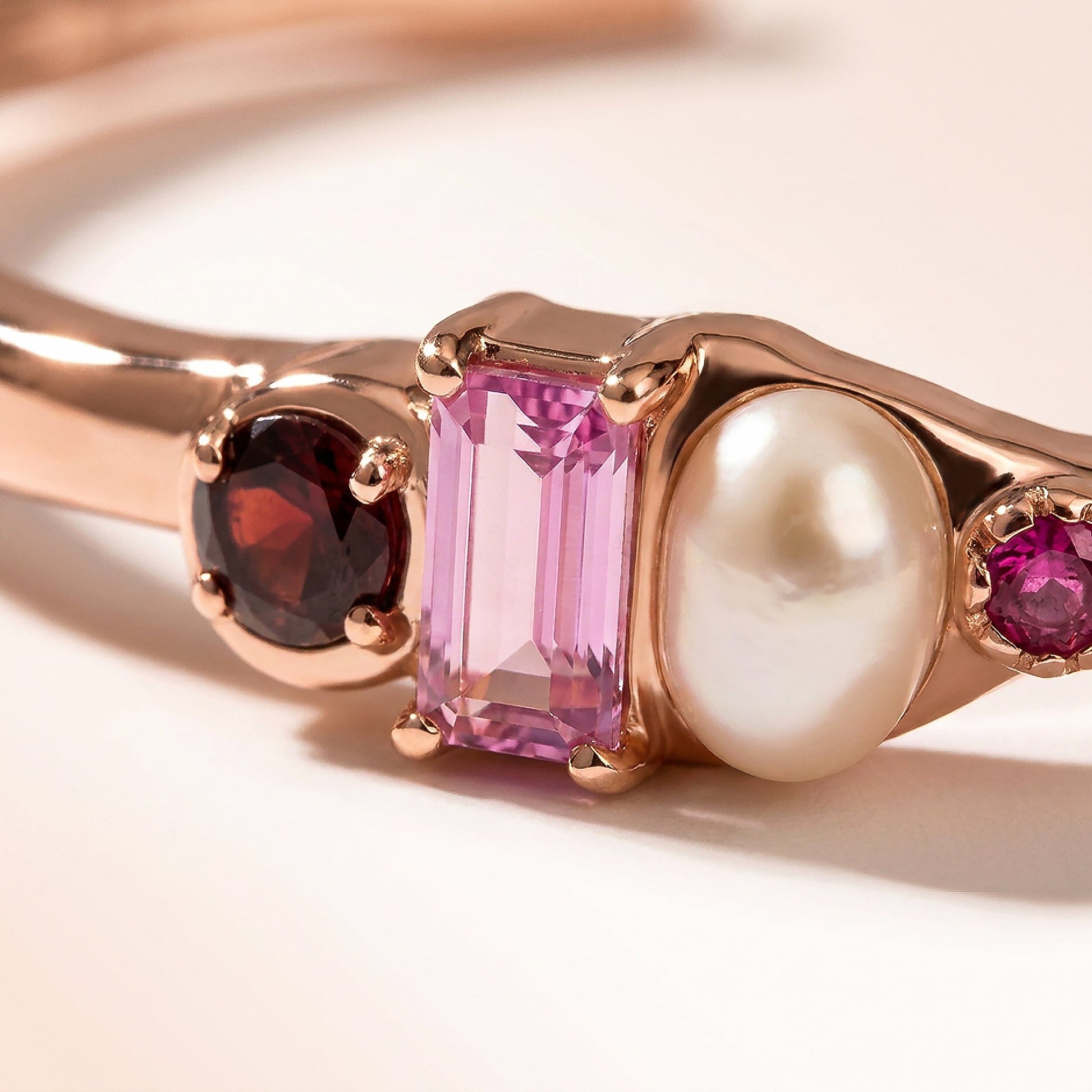 Rhodolite Garnet Pearl Cuff - Treasure - rose gold worn