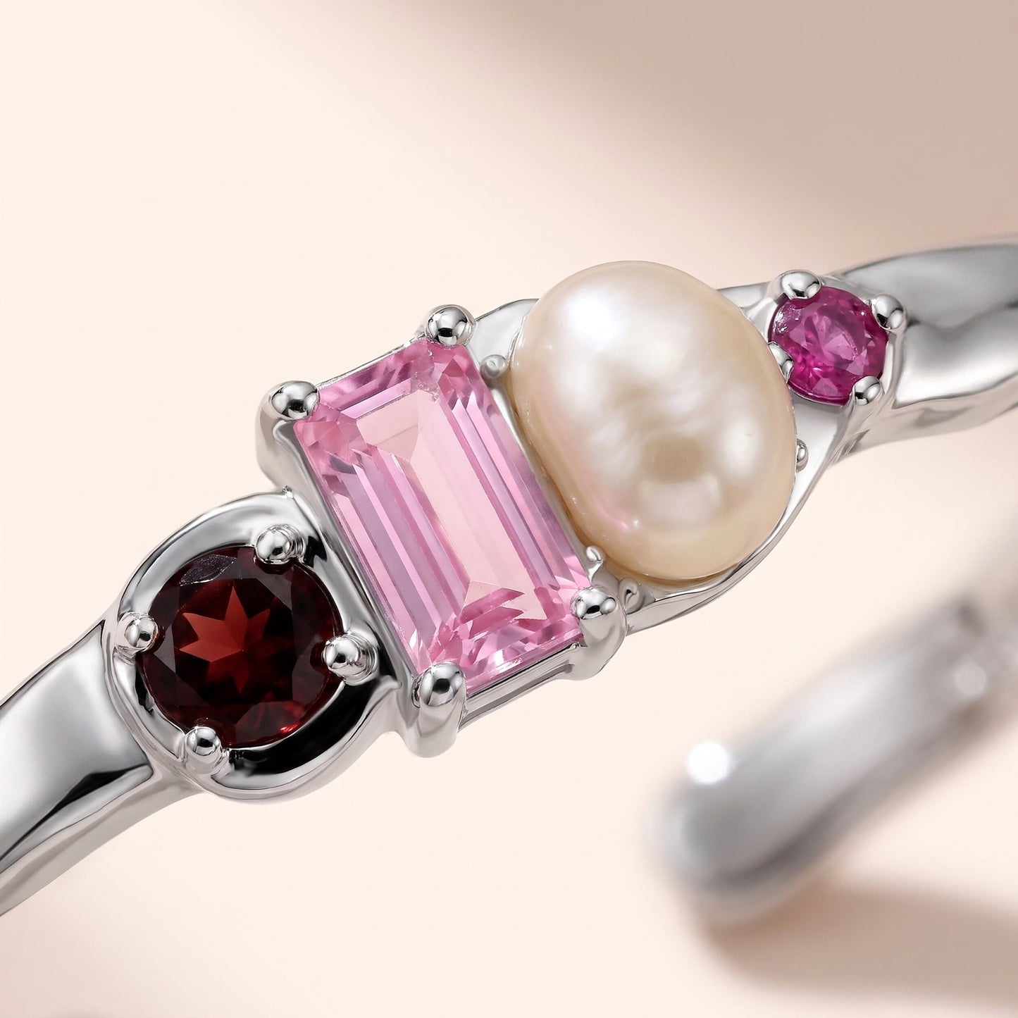 Rhodolite Garnet Pearl Cuff - Treasure - white rhodium worn