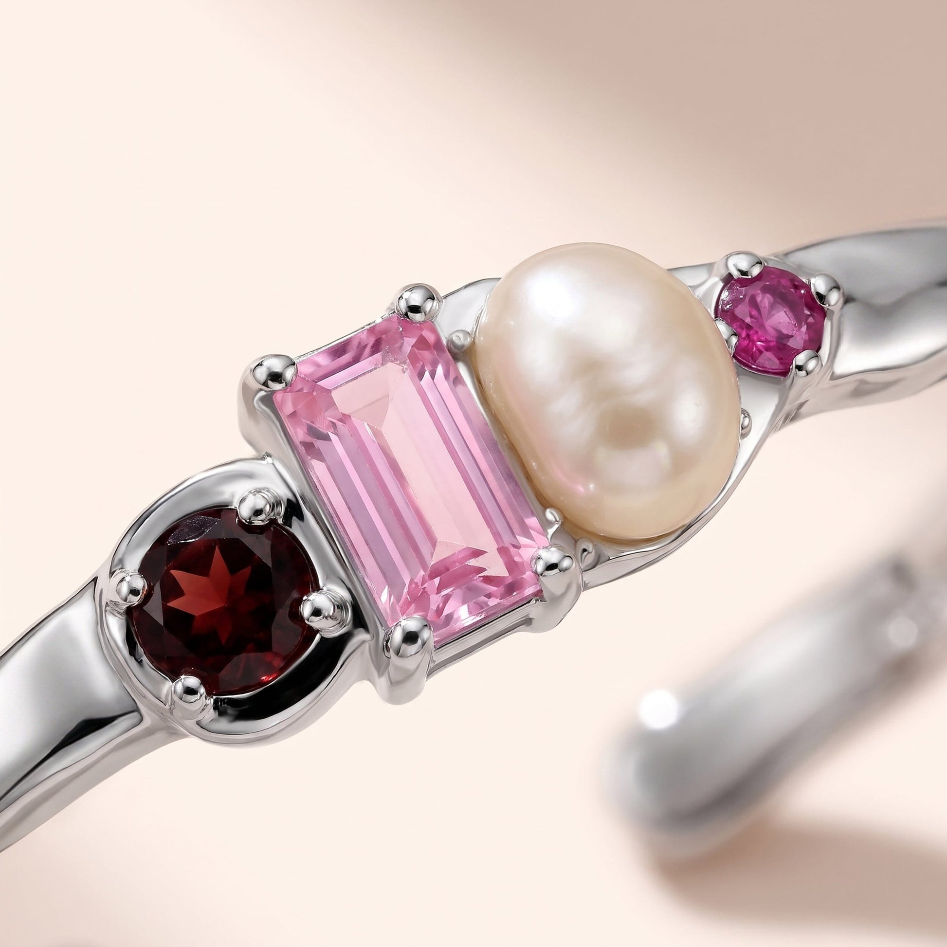 Rhodolite Garnet Pearl Cuff - Treasure - white rhodium worn