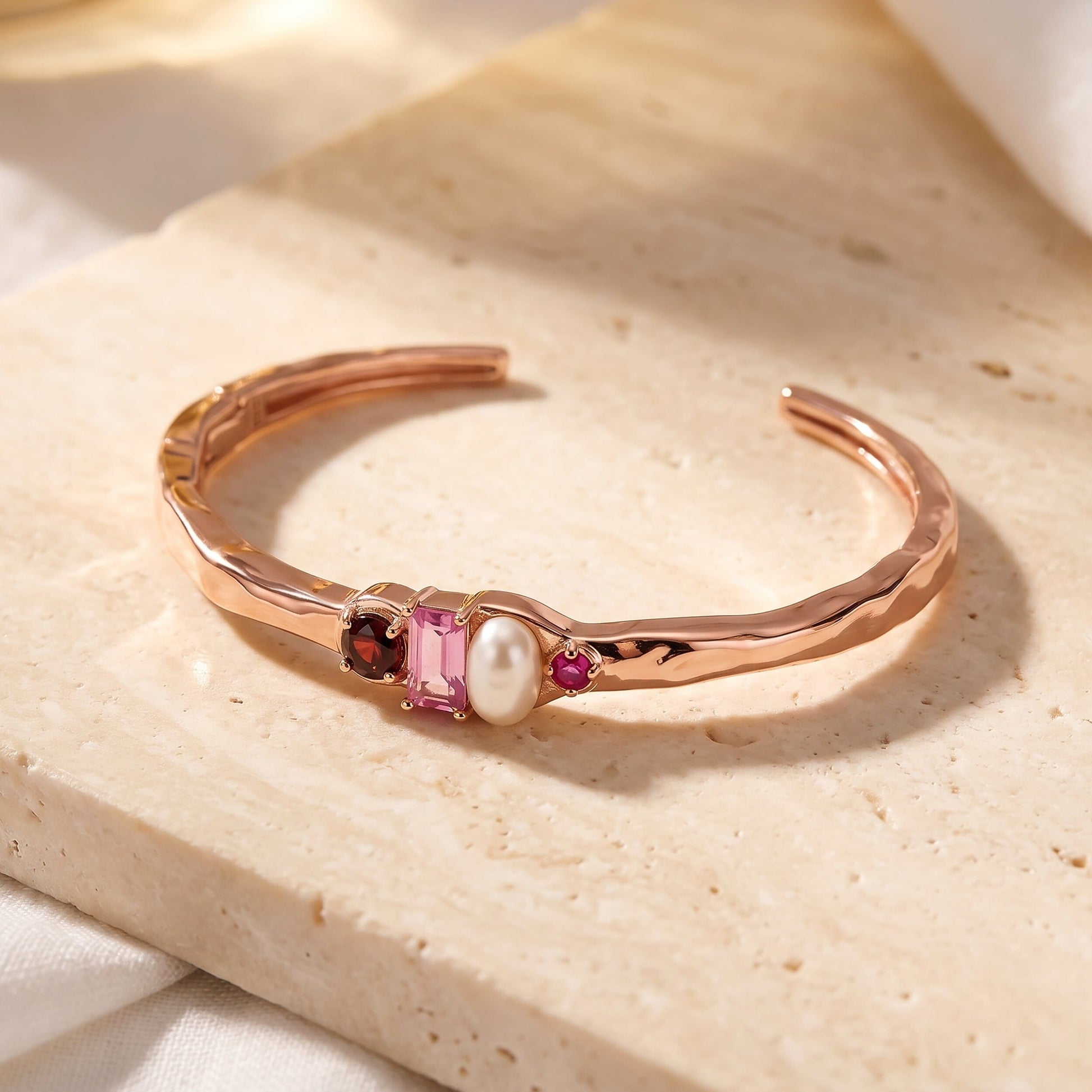 Rhodolite Garnet Pearl Cuff - Treasure - rose gold flat lay