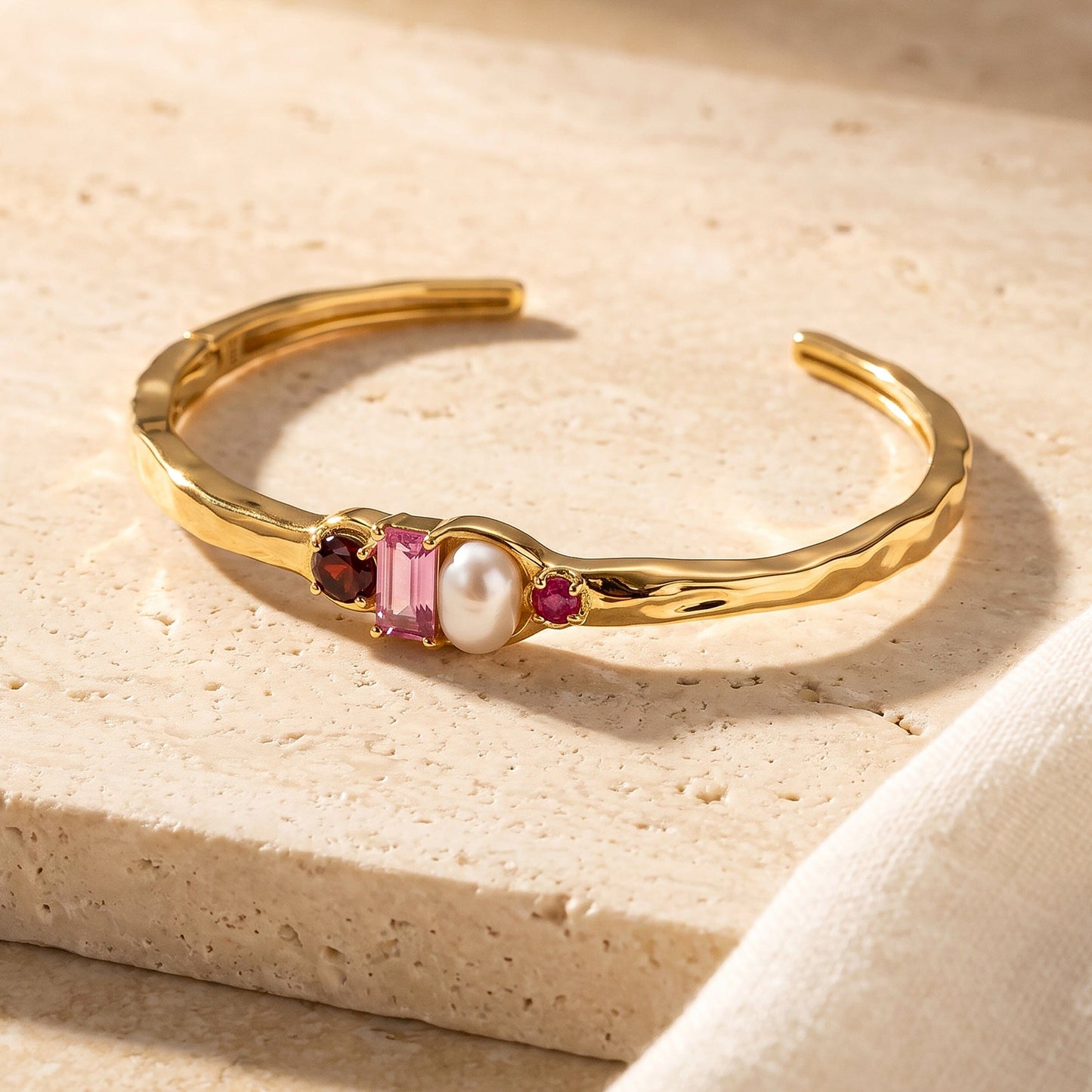 Rhodolite Garnet Pearl Cuff - Treasure - yellow gold flat lay