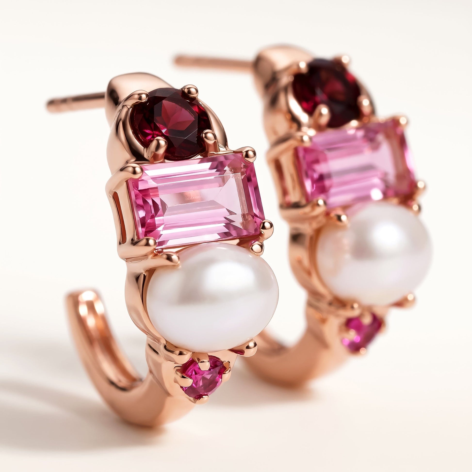 Petite Rhodolite Garnet Pearl Hoops - Treasure - rose gold worn
