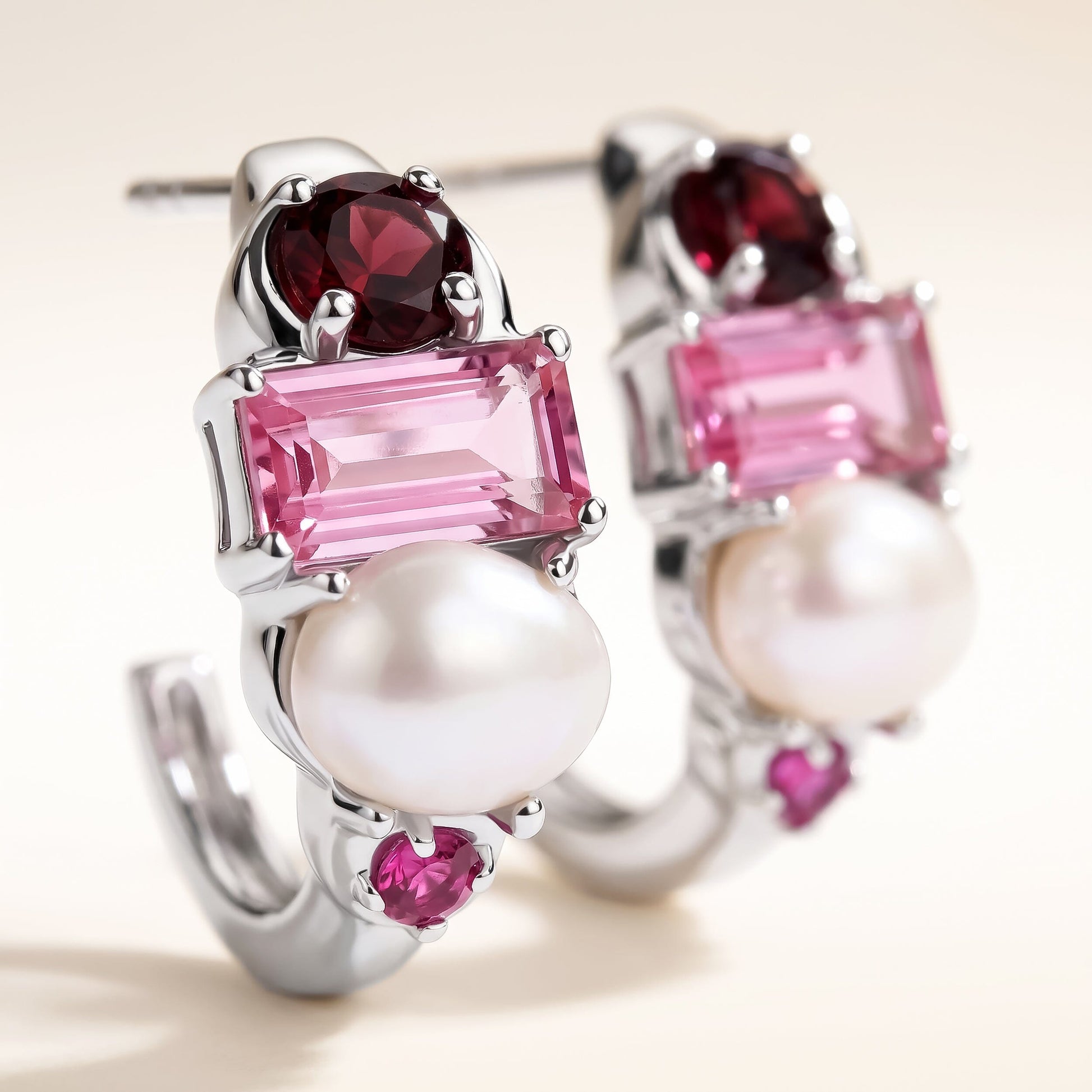 Petite Rhodolite Garnet Pearl Hoops - Treasure - white rhodium worn