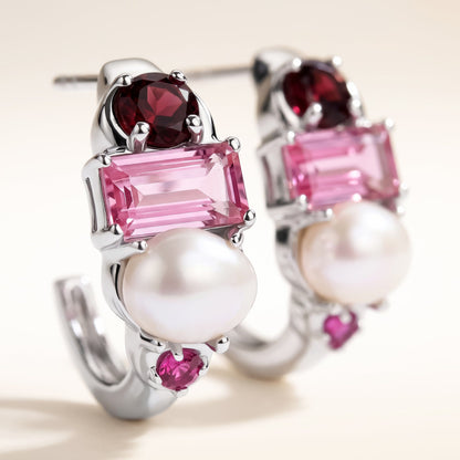Petite Rhodolite Garnet Pearl Hoops - Treasure - white rhodium worn