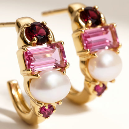 Petite Rhodolite Garnet Pearl Hoops - Treasure - yellow gold worn