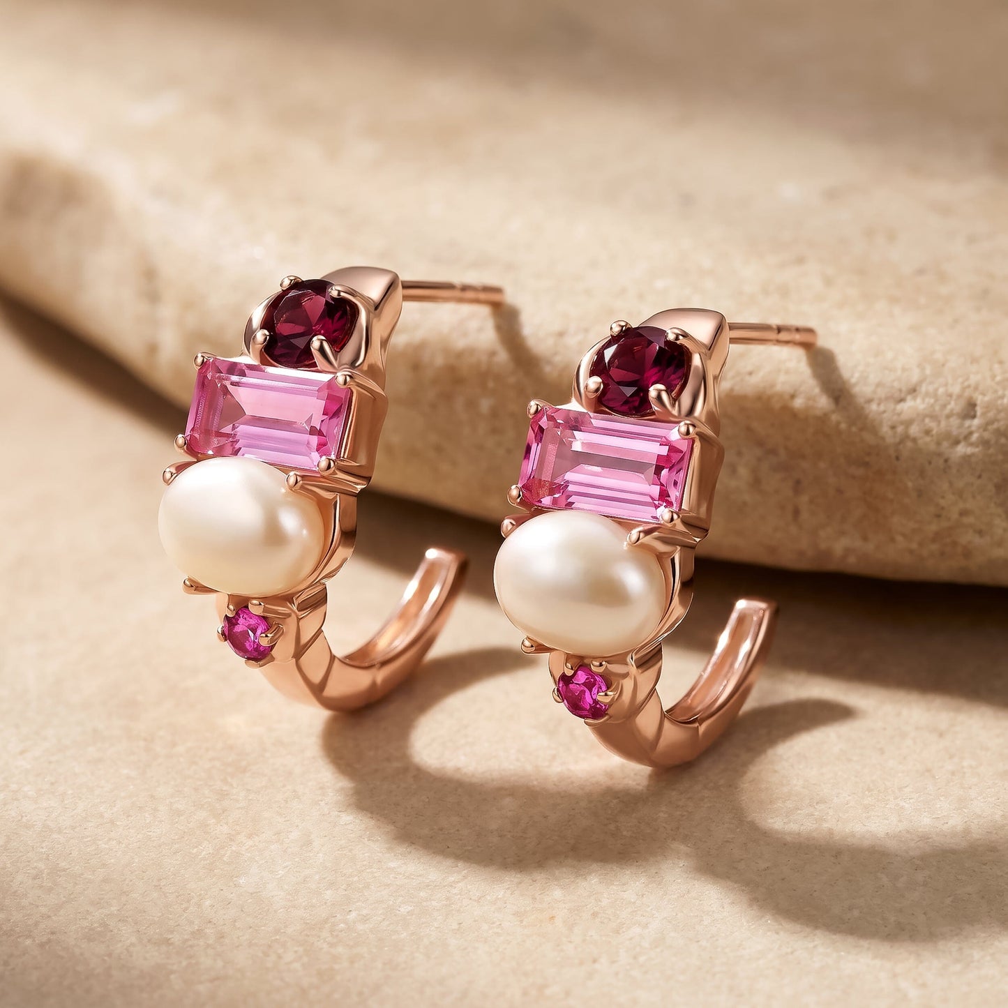 Petite Rhodolite Garnet Pearl Hoops - Treasure - rose gold flat lay