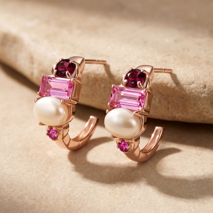 Petite Rhodolite Garnet Pearl Hoops - Treasure - rose gold flat lay