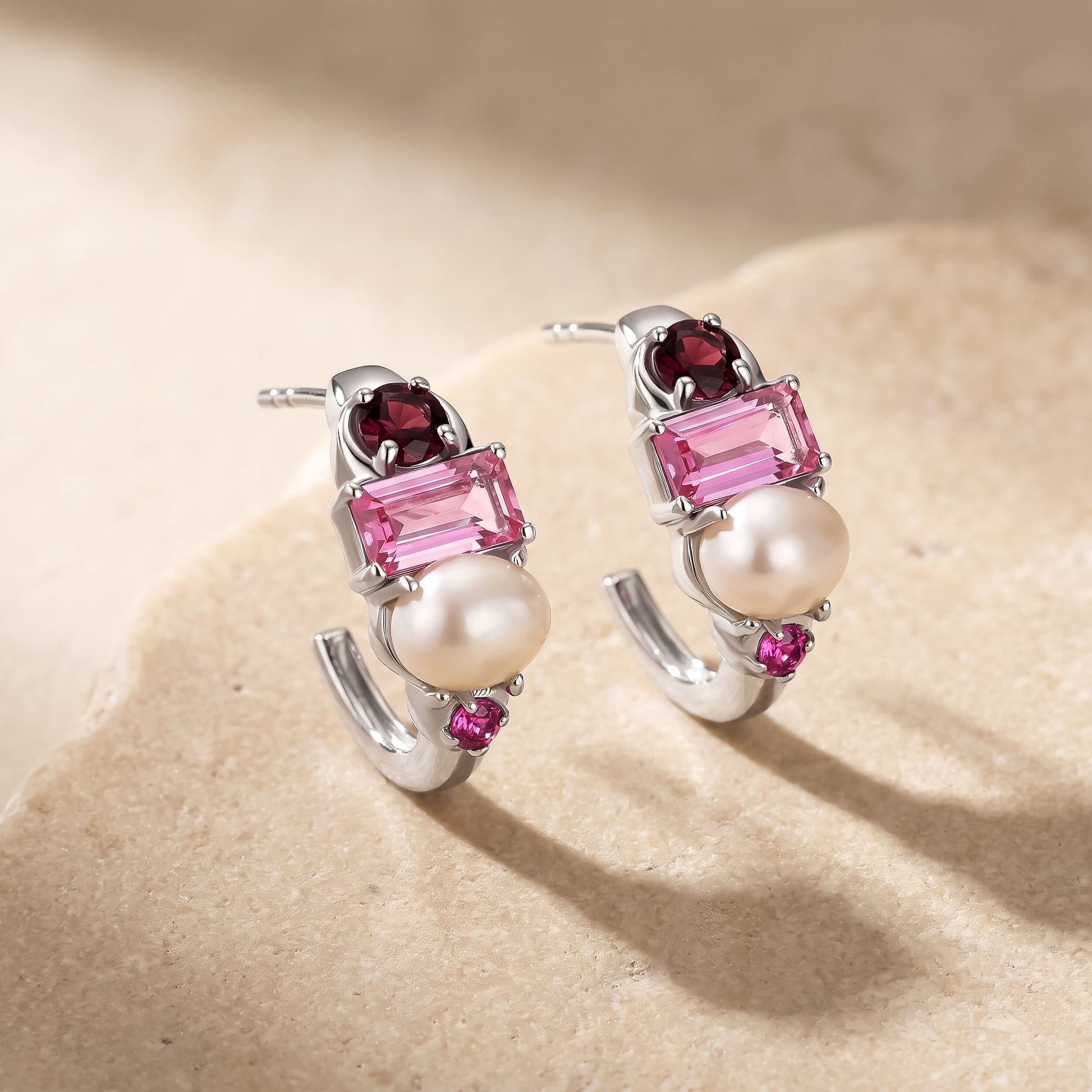 Petite Rhodolite Garnet Pearl Hoops - Treasure - white rhodium flat lay