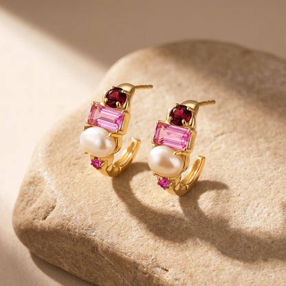 Petite Rhodolite Garnet Pearl Hoops - Treasure - yellow gold flat lay