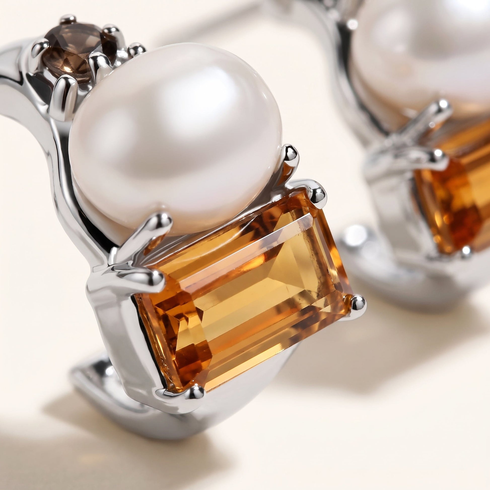 Petite Citrine Pearl Hoops Treasure - silver close up