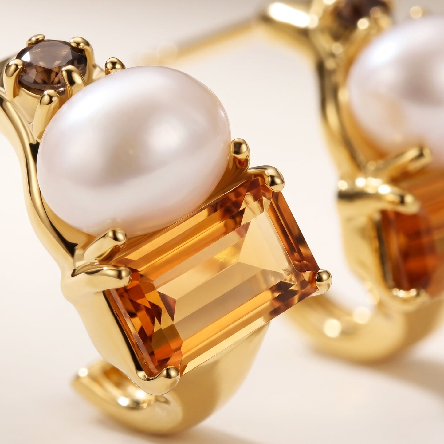 Petite Citrine Pearl Hoops Treasure - gold close up