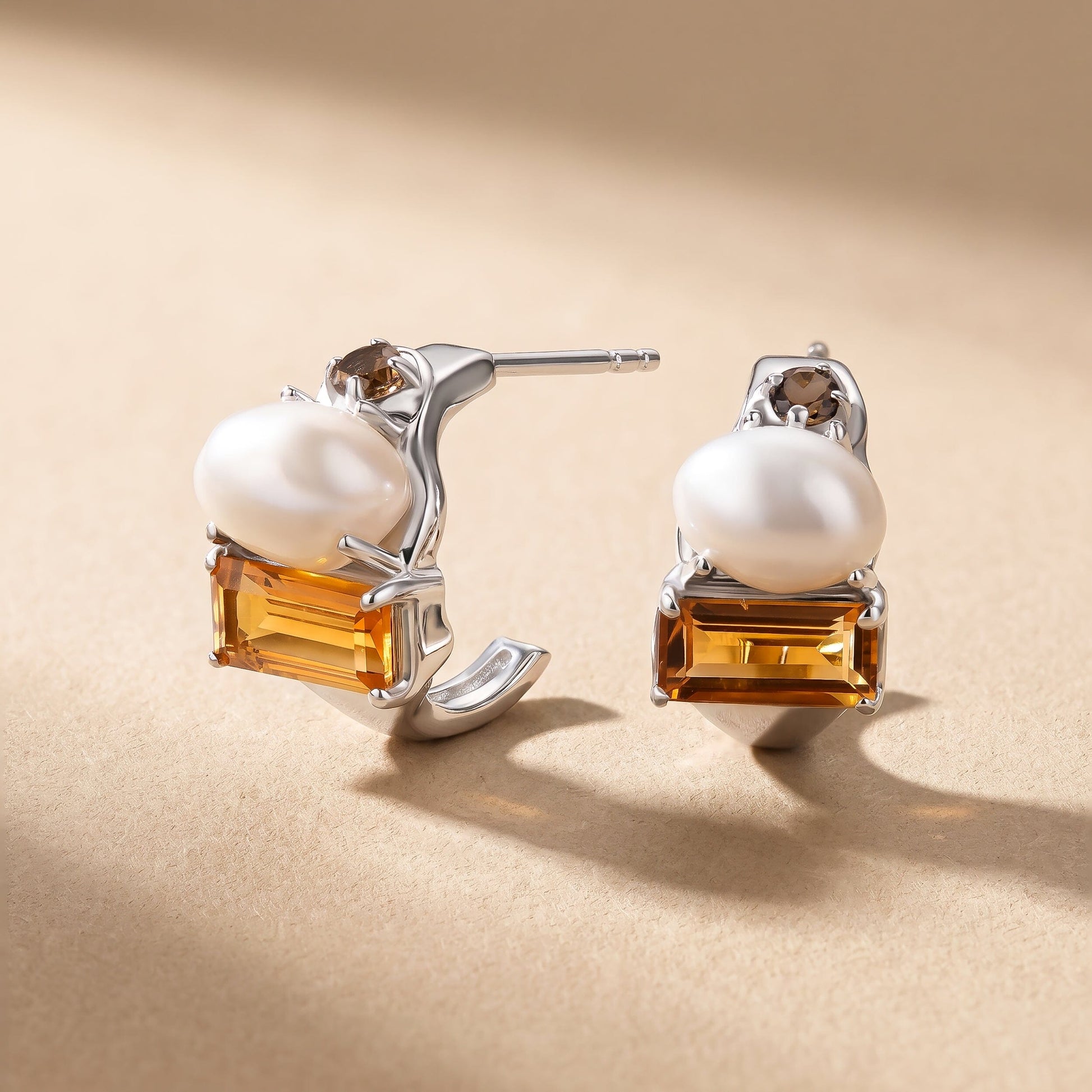 Petite Citrine Pearl Hoops Treasure - silver flat lay