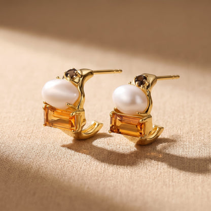 Petite Citrine Pearl Hoops Treasure - gold flat lay