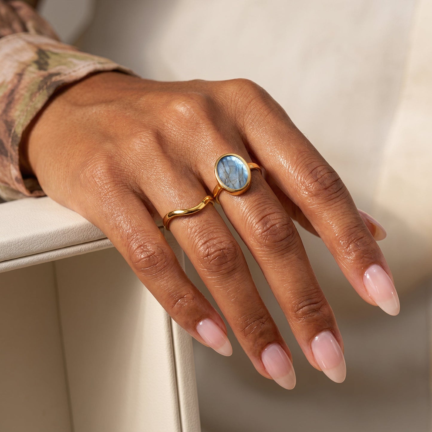 Enfolded Labradorite & Waves Rings - gold worn