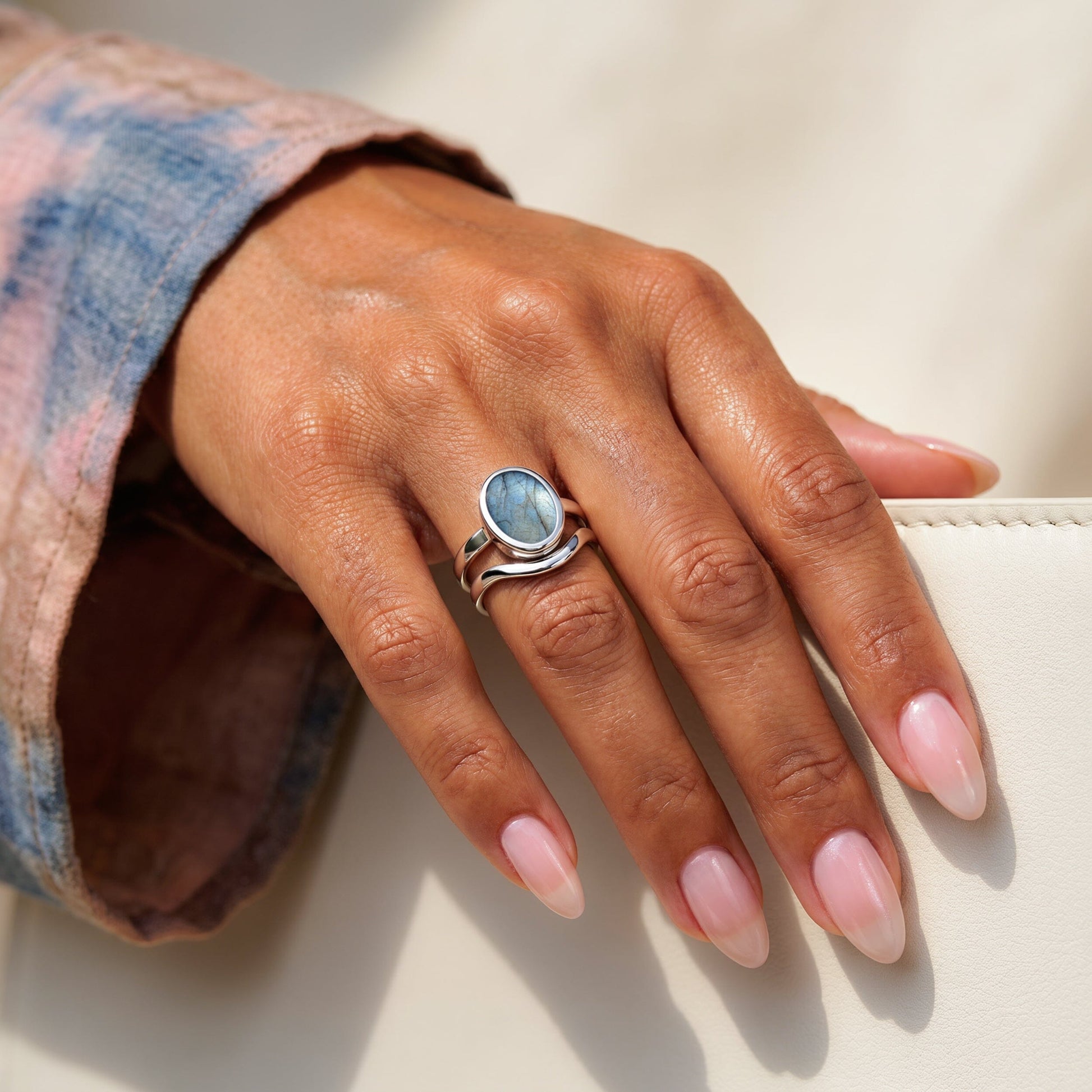 Enfolded Labradorite & Waves Rings - silver worn