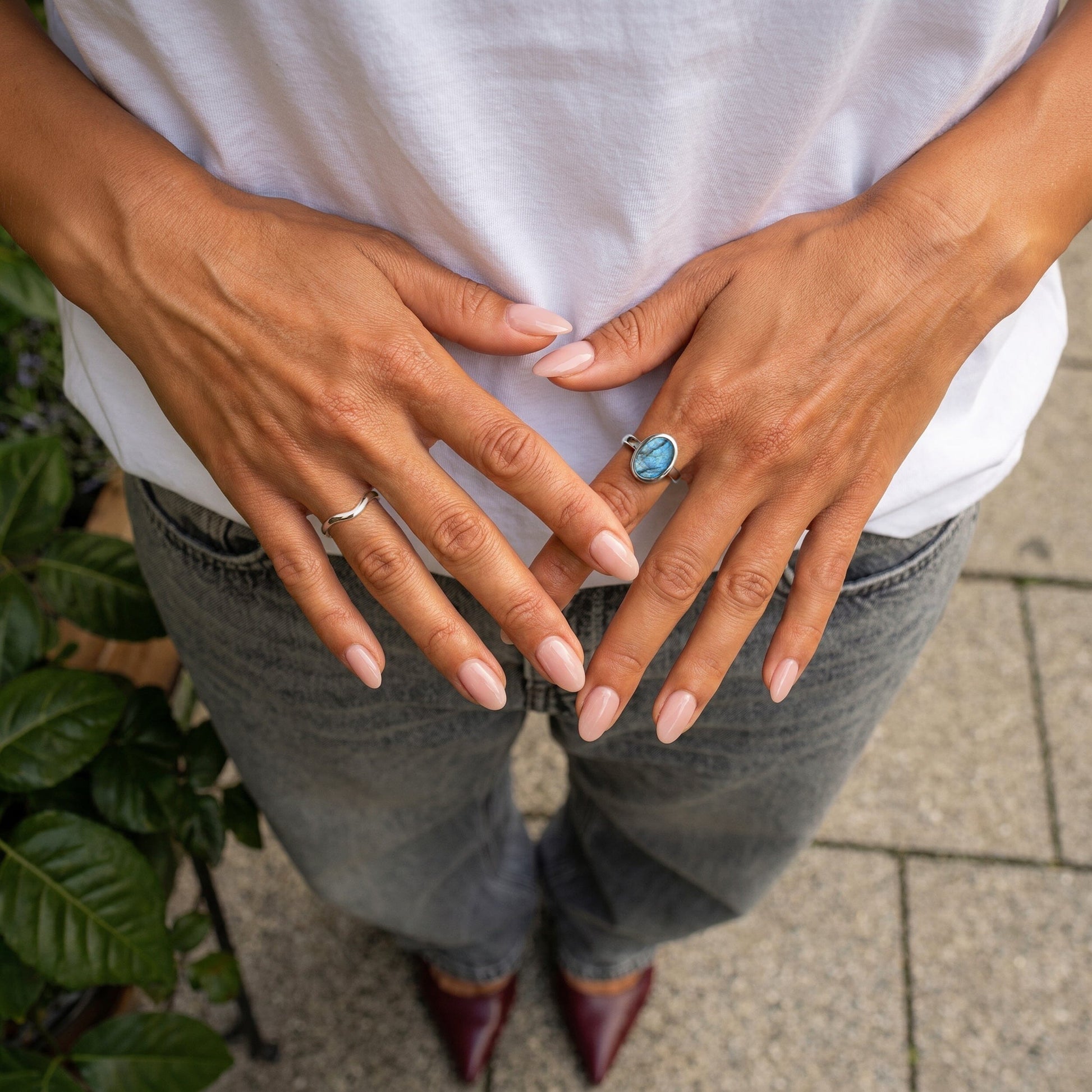 Enfolded Labradorite & Waves Rings - stacked silver