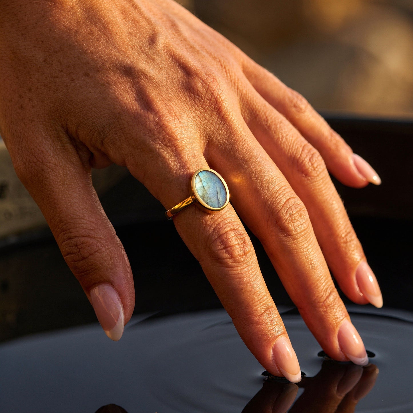 Labradorite Ring - Enfolded - gold worn