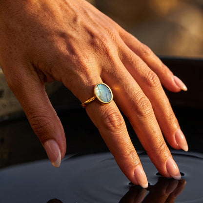 Labradorite Ring - Enfolded - gold worn