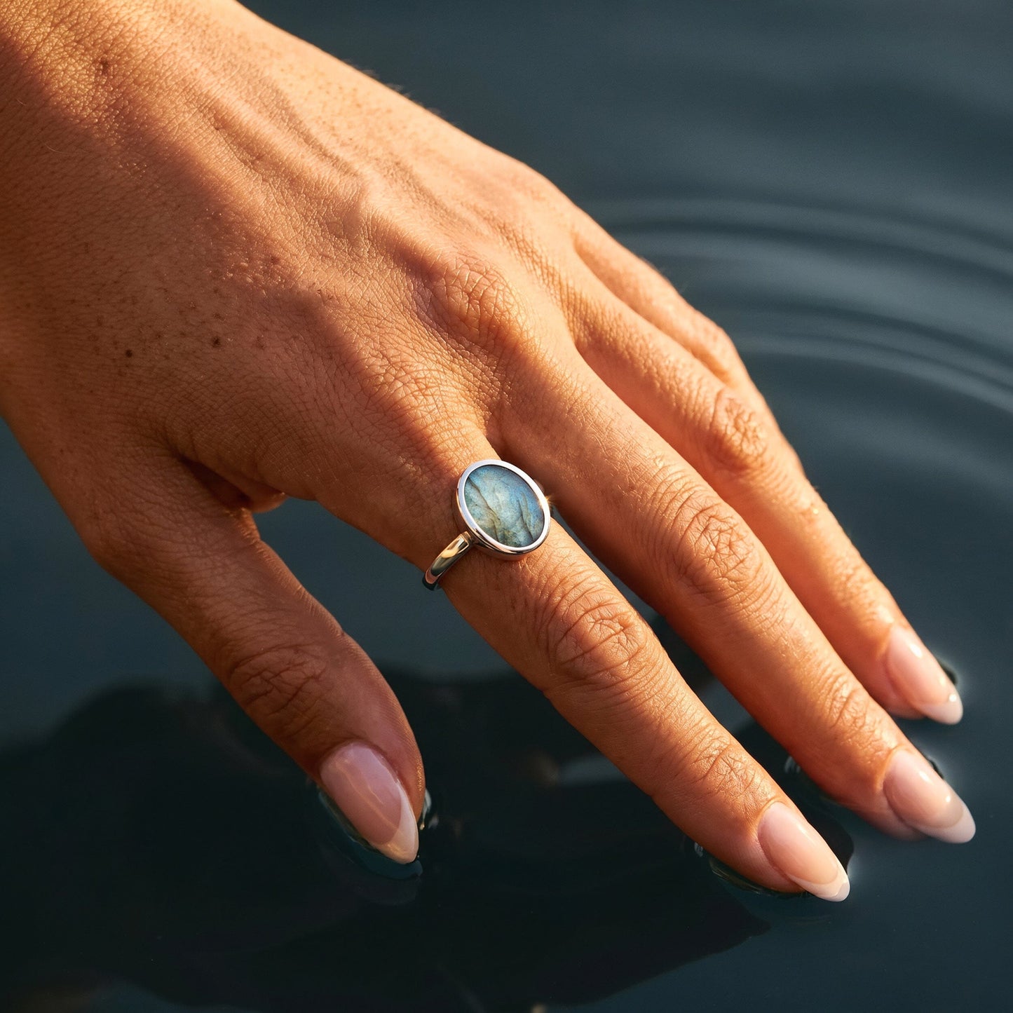 Labradorite Ring - Enfolded - silver worn
