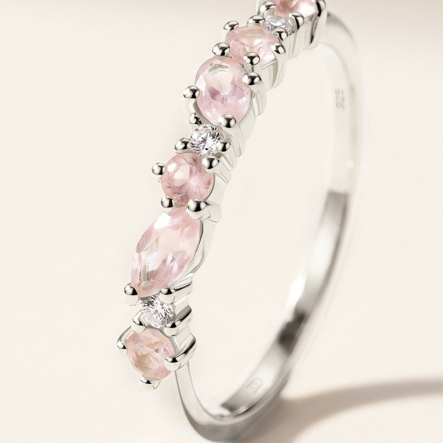 Rose Quartz White Zircon Ring - Grace, silver detail