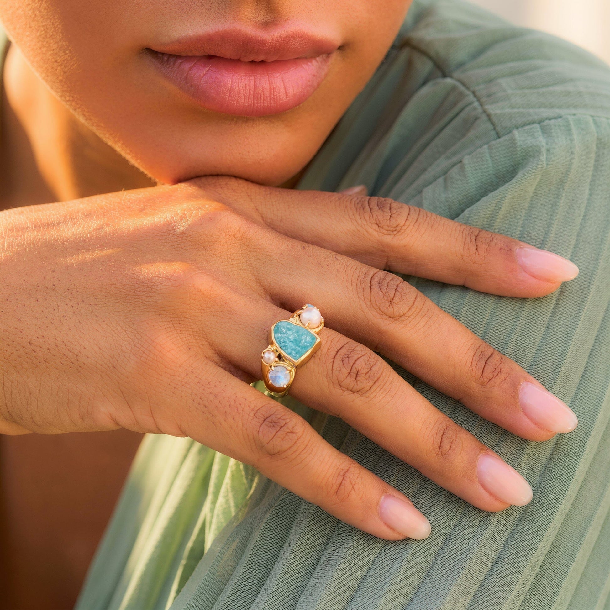 Amazonite Pearl Ring - Heirloom - on hand YG