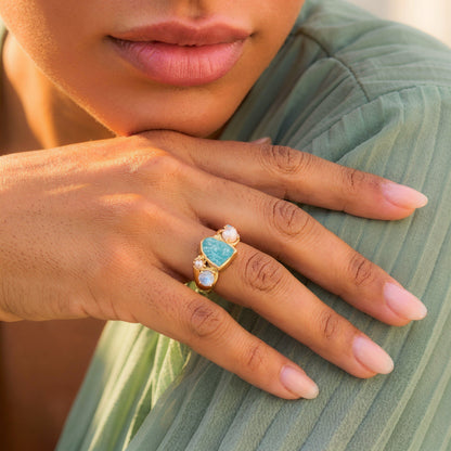 Amazonite Pearl Ring - Heirloom - on hand YG